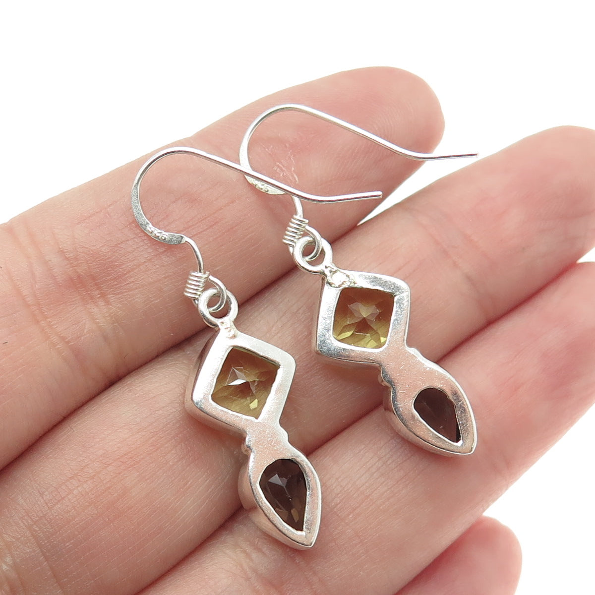 925 Sterling Silver Vintage Real Lemon Citrine & Smoky Quartz Dangle Earrings