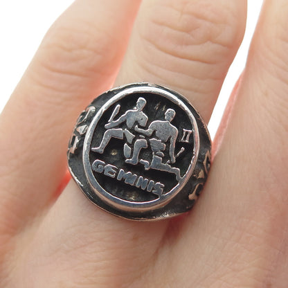 925 Sterling Silver Vintage Gemini Zodiac Fleur-de-Lis Oxidized Ring Size 8.5