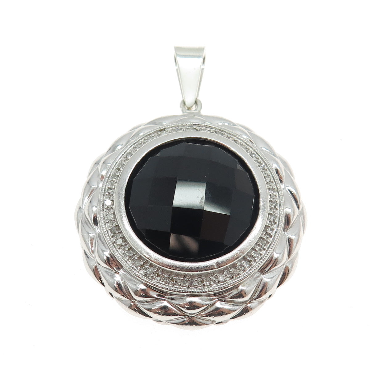 925 Sterling Silver Real Round-Cut Diamond & Black Onyx Round Pendant