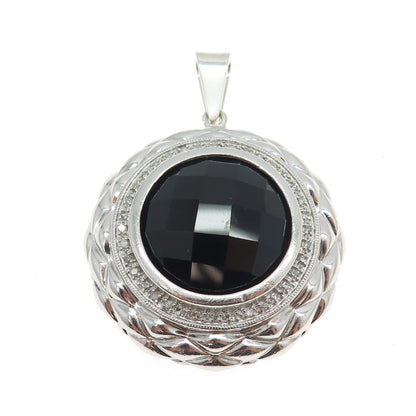 925 Sterling Silver Real Round-Cut Diamond & Black Onyx Round Pendant