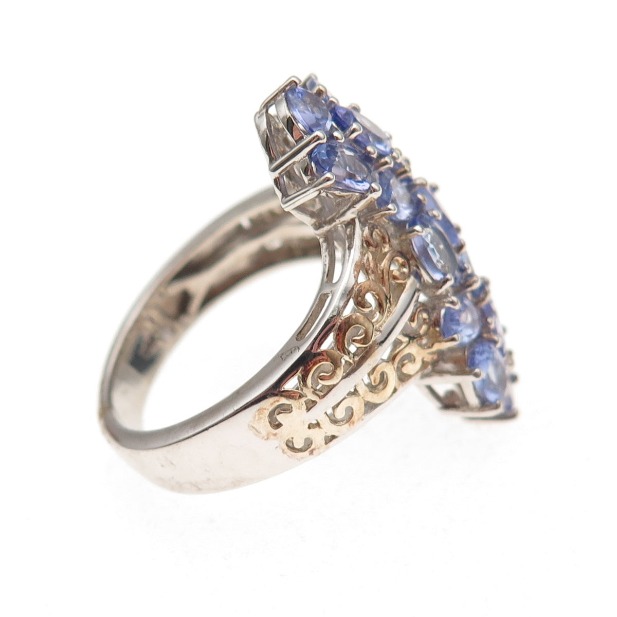 Chuck Clemency 925 Sterling Silver 2-Tone Real Tanzanite Cluster Ring Size 8.25