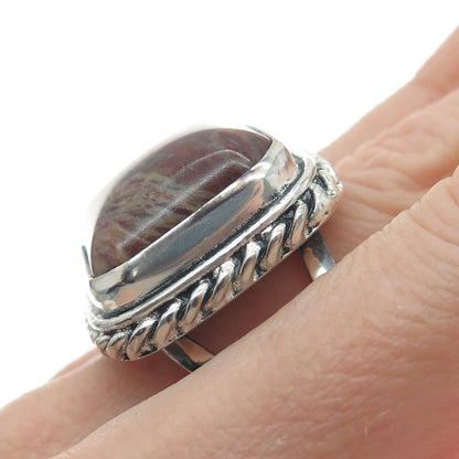 925 Sterling Silver Vintage Real Jasper Twisted Bezel Oxidized Ring Size 8