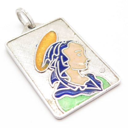 925 Sterling Silver Vintage Enamel Textured Virgin Mary Rectangle Pendant