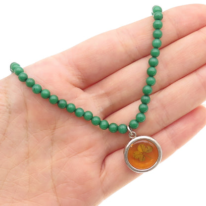 LUCKY 925 Sterling Silver Vintage Green Onyx Enamel Pressed Clover Necklace 16"