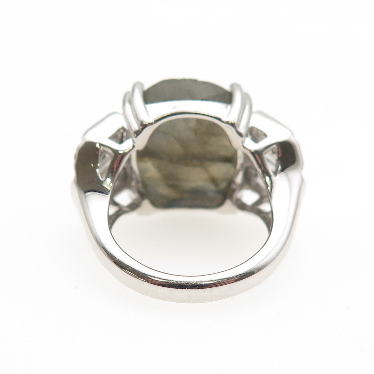 925 Sterling Silver Real Labradorite & White Topaz Carved Flower Ring Size 6.25