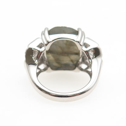 925 Sterling Silver Real Labradorite & White Topaz Carved Flower Ring Size 6.25