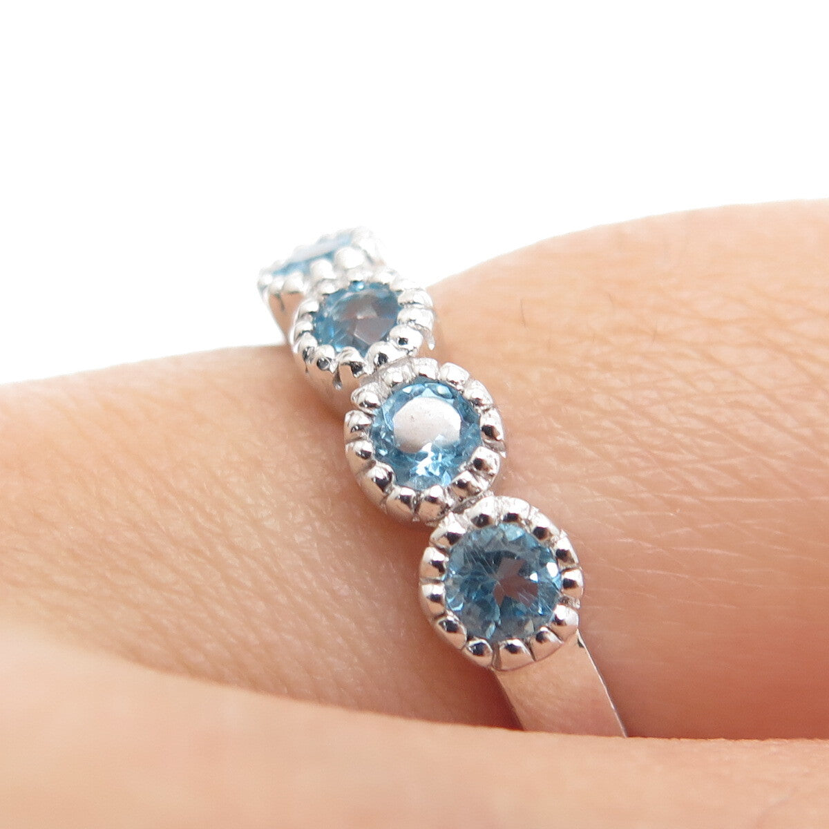DSMK 925 Sterling Silver Real Round-Cut Blue Topaz Ring Size 7.25