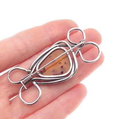 925 Sterling Silver Vintage AK Poland Real Amber Modernist Oxidized Pin Brooch