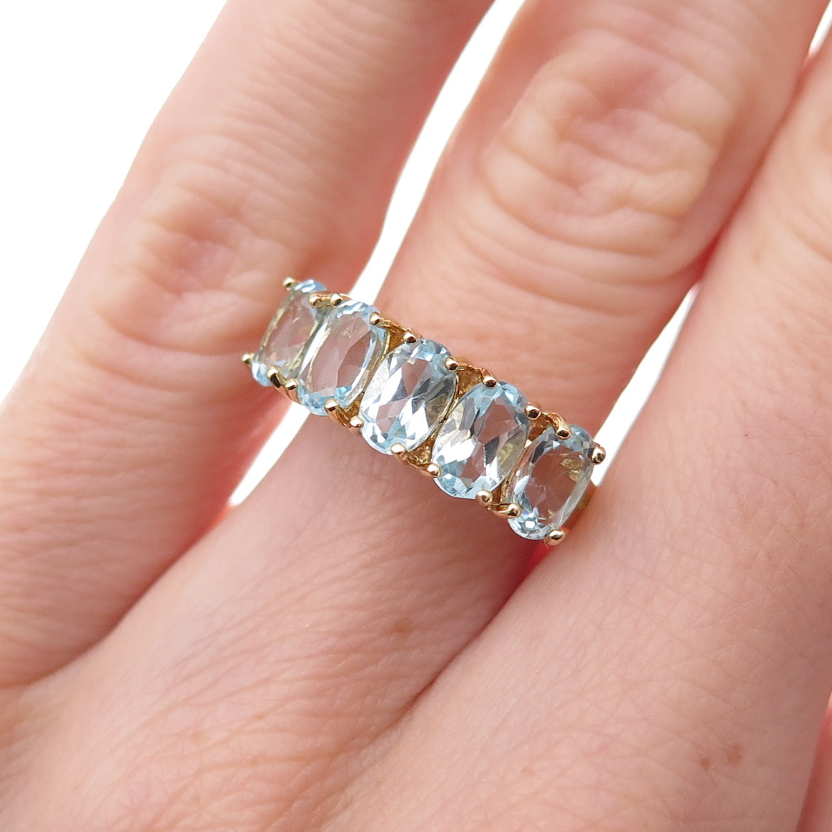 925 Sterling Silver Gold Plated Real Oval-Cut Blue Topaz Ring Size 5