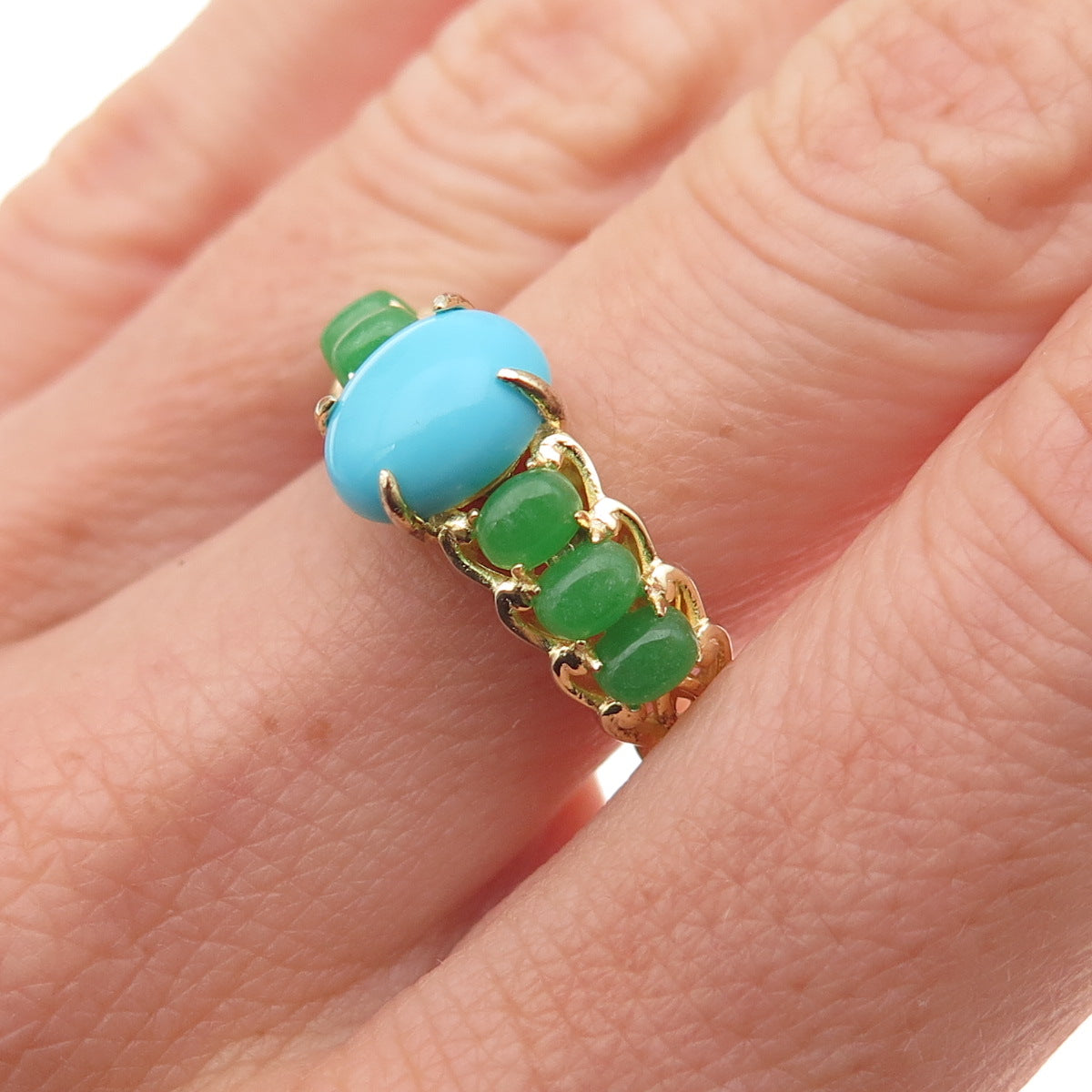925 Sterling Silver Gold Plated Real Turquoise & Aventurine Ring Size 8.25