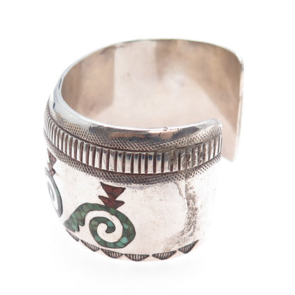 ALLEN CHEE NAVAJO Old Pawn 925 Sterling Silver Turquoise Coral Inlay Bracelet 7"