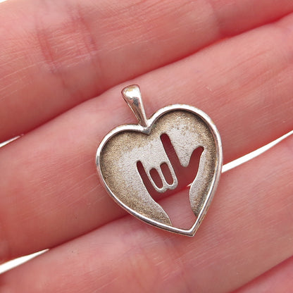 JCF Ferrara Sterling Silver Vintage I Love You Sign Language Heart Charm Pendant