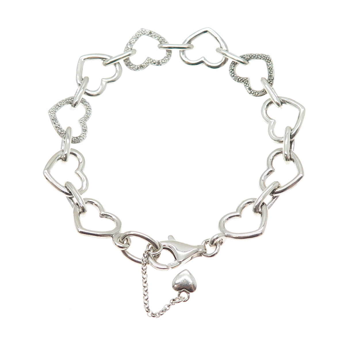 925 Sterling Silver Real Round-Cut Diamond Heart Link Bracelet 7.5"