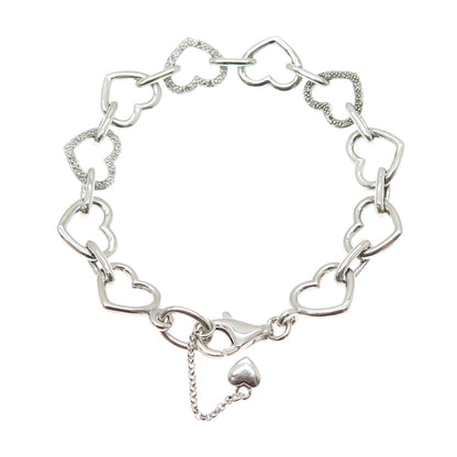 925 Sterling Silver Real Round-Cut Diamond Heart Link Bracelet 7.5"