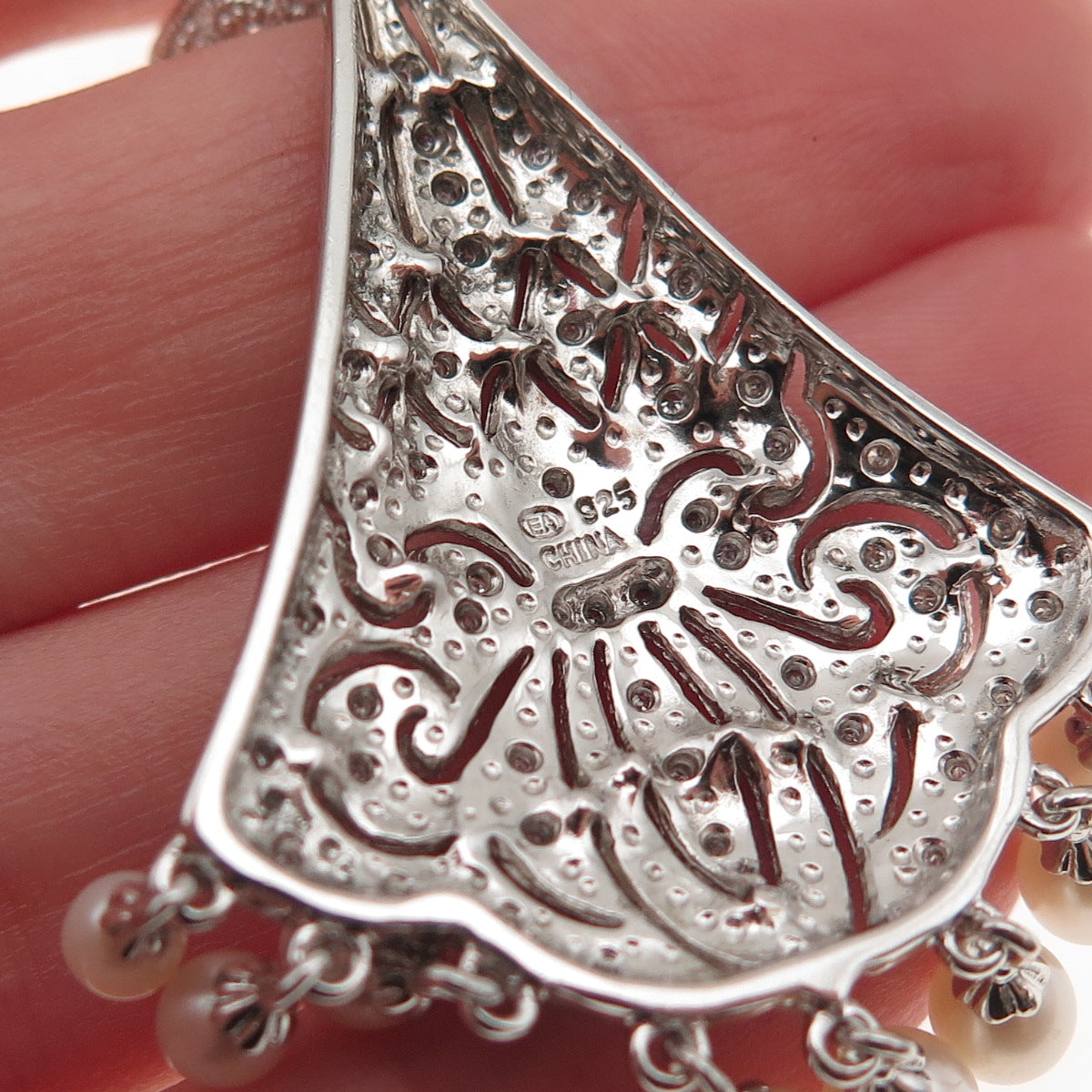925 Sterling Silver Real Diamond & Pearl Fleur de Lis Pendant