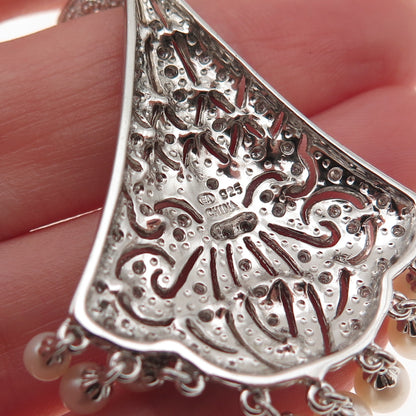 925 Sterling Silver Real Diamond & Pearl Fleur de Lis Pendant