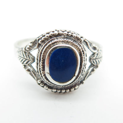 925 Sterling Silver Vintage Real Lapis Lazuli Gemstone Leaf Ring Size 6