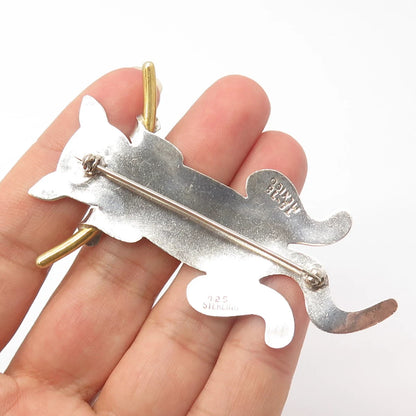 925 Sterling Silver 2-Tone Vintage Mexico Cat Hanging On a Branch Pin Brooch