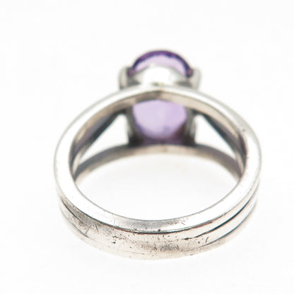 925 Sterling Silver Vintage Real Amethyst Modernist Oxidized Ring Size 9.5