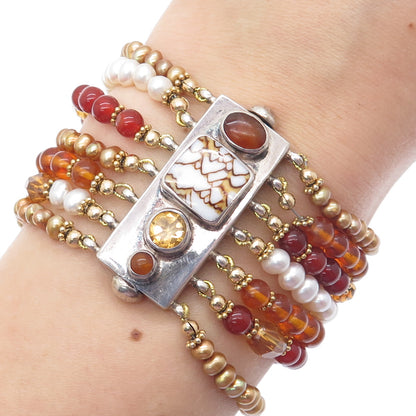 925 Sterling Vintage Jasper Pearl Citrine Carnelian Amber Beaded Bracelet 6.5"
