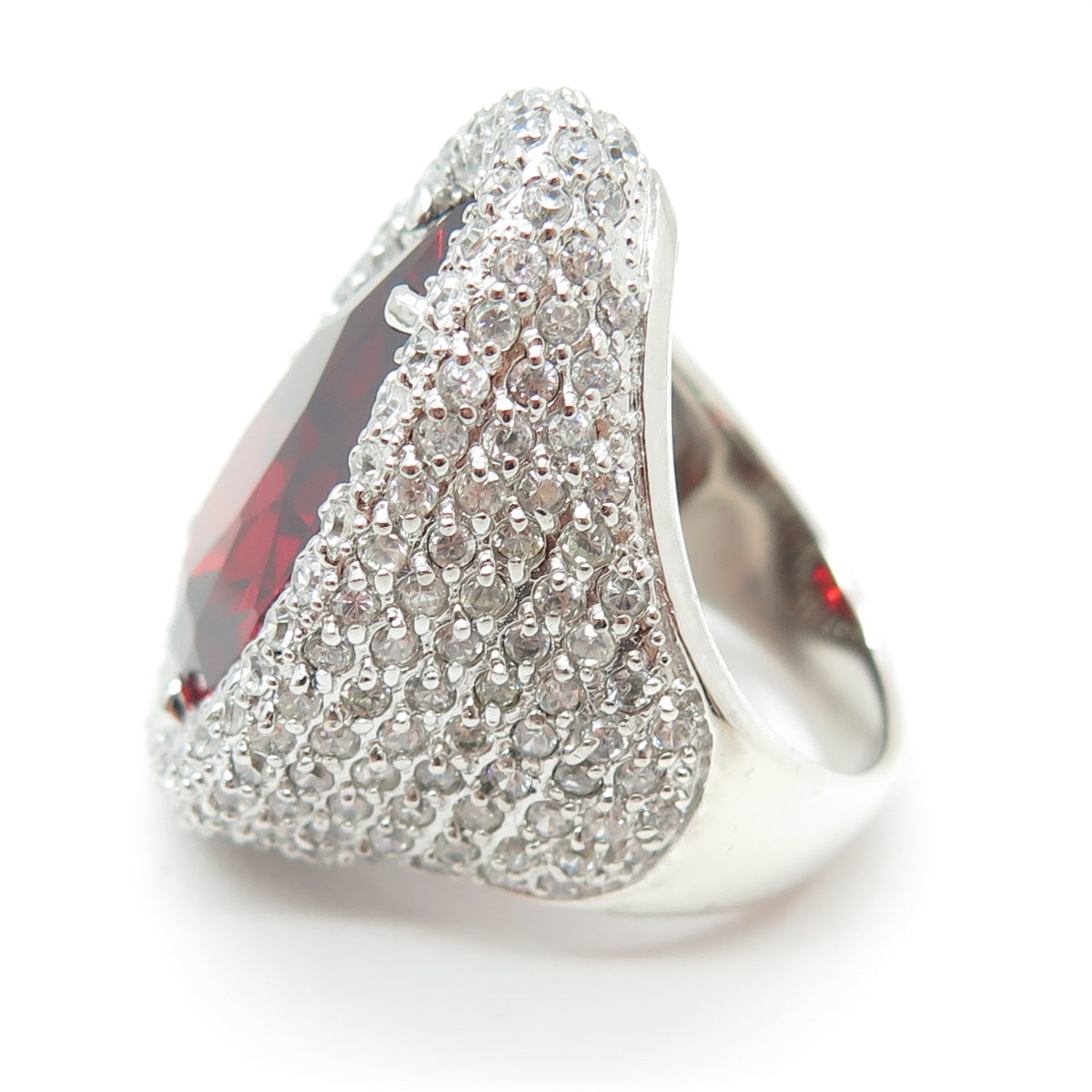 925 Sterling Silver Checkered Nano Garnet C Z Teardrop Statement Ring Size 7.25