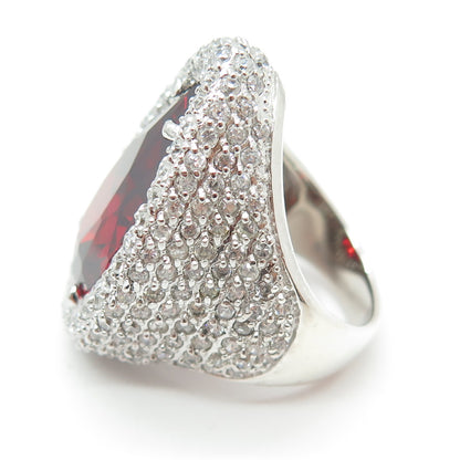 925 Sterling Silver Checkered Nano Garnet C Z Teardrop Statement Ring Size 7.25
