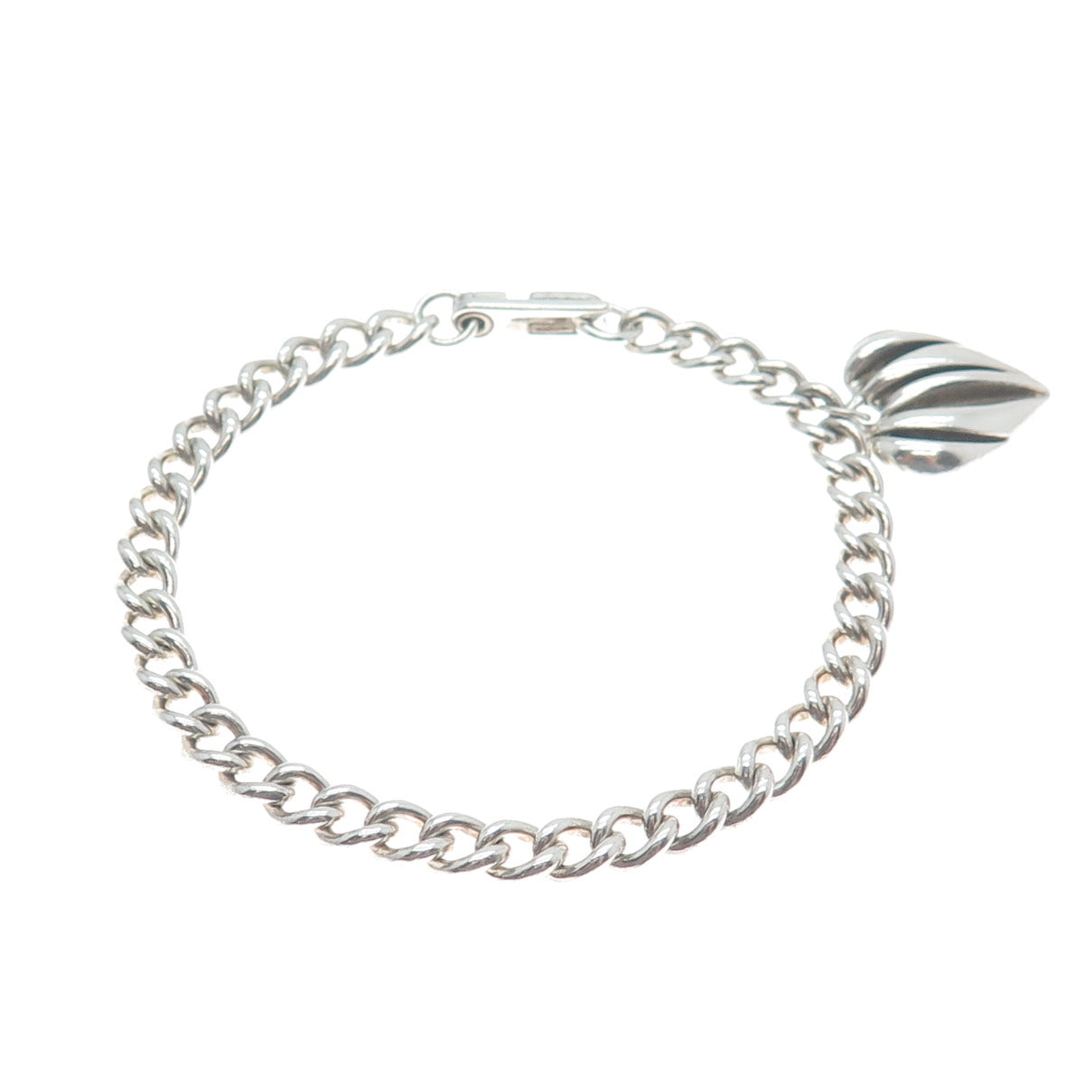 925 Sterling Silver Vintage Modernist Heart Charm Curb Link Bracelet 6.75"