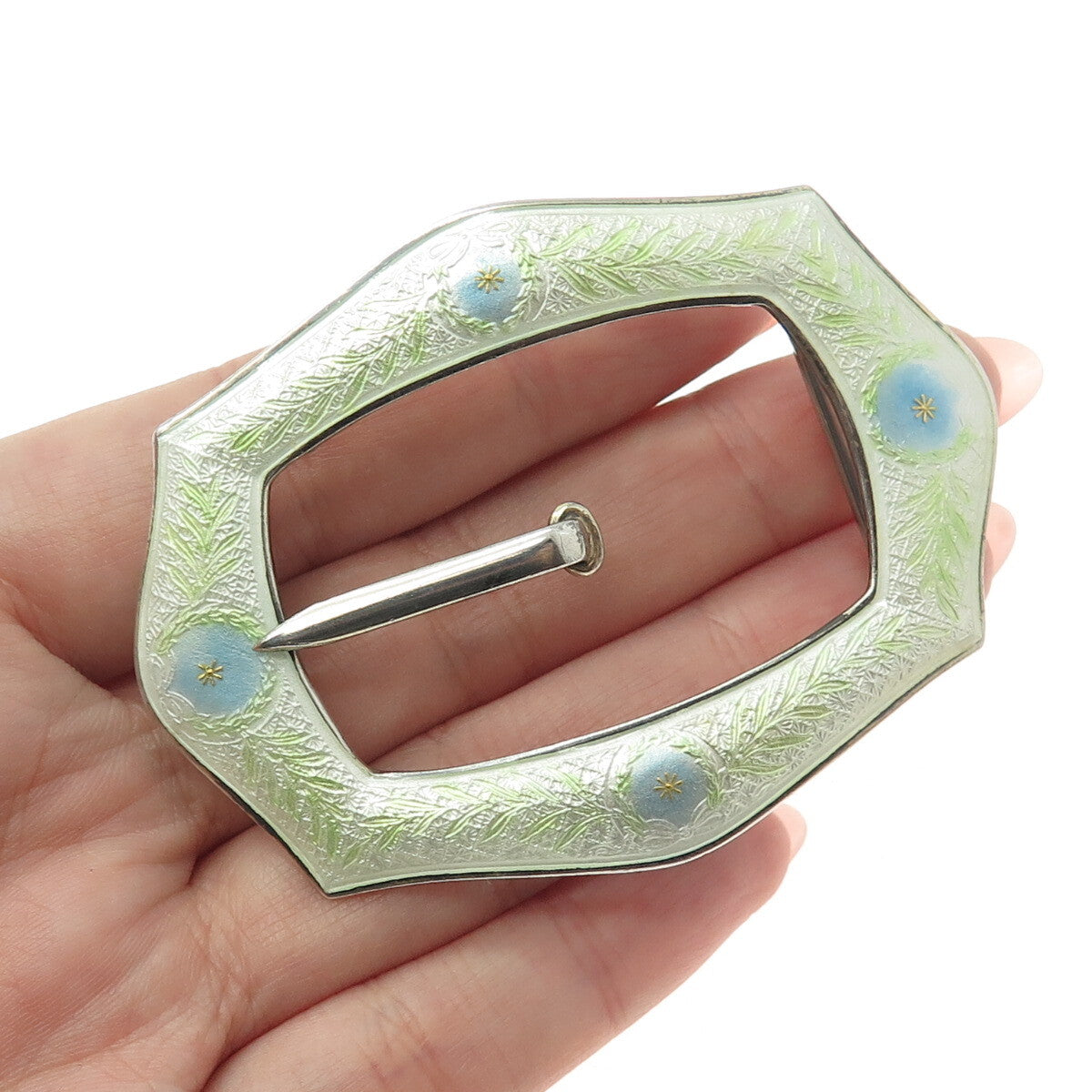 925 Sterling Silver Antique Art Deco Guilloche Enamel Flower Belt Buckle