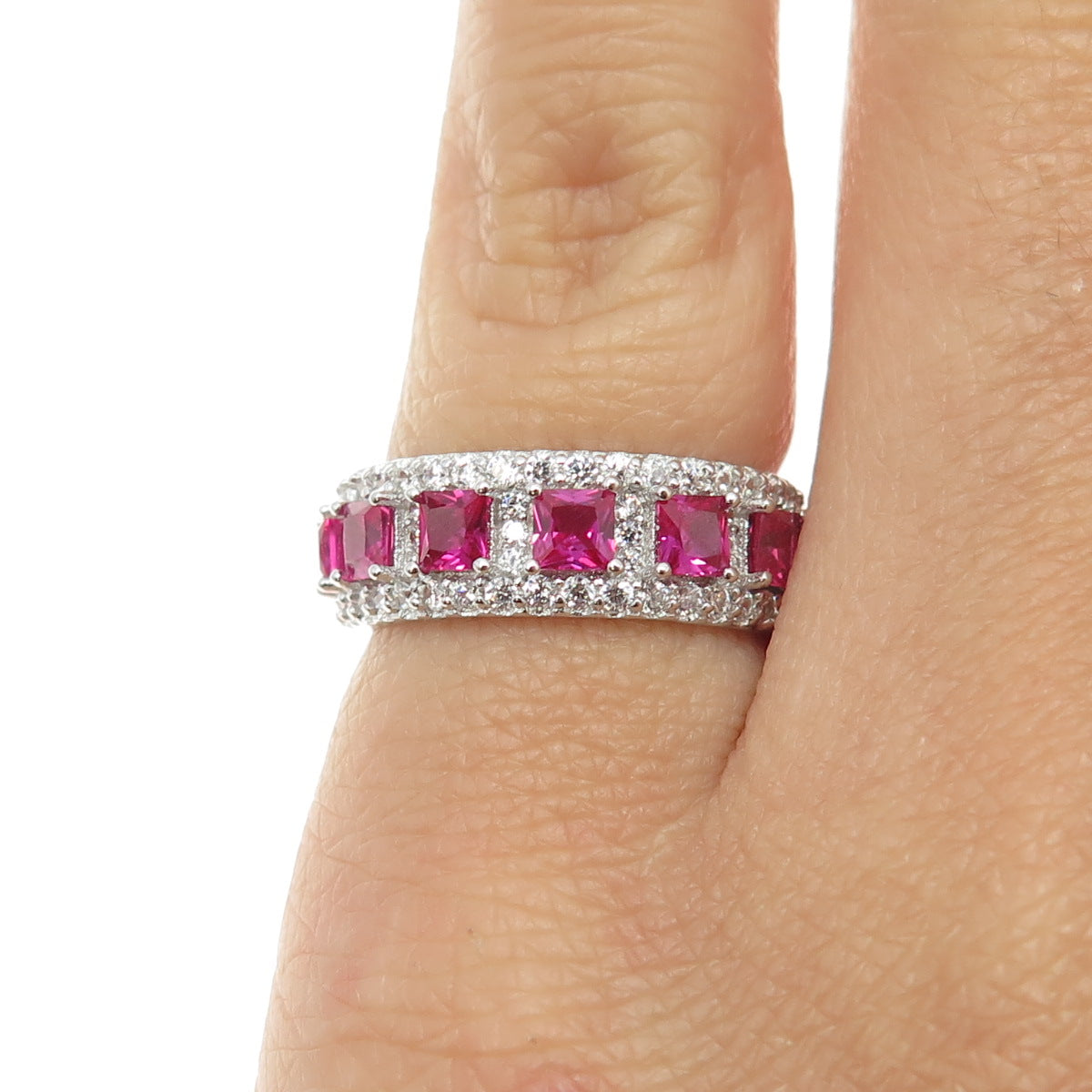 925 Sterling Silver Lab-Created Pink Sapphire & C Z Eternity Ring Size 5.5