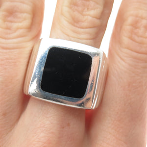 925 Sterling Silver Vintage Mexico Real Black Onyx Ribbed Signet Ring Size 13.25