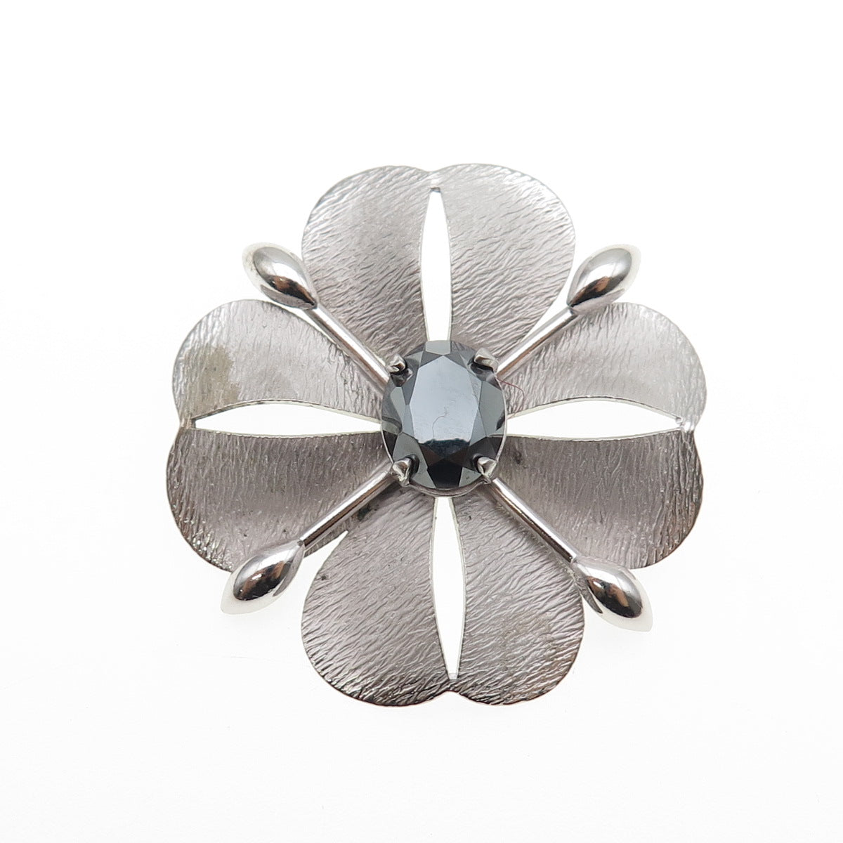 CARL ART 925 Sterling Silver Antique Art Deco Real Hematite Flower Pin Brooch