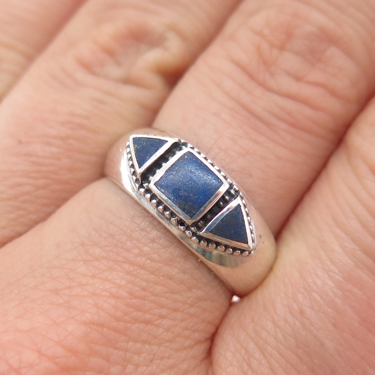 PHYLLIS WOODS 925 Sterling Silver Vintage Real Lapis Modernist Ring Size 8.25