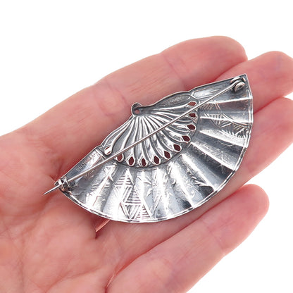 925 Sterling Silver Antique Art Deco Japanese Fan Oxidized Pin Brooch