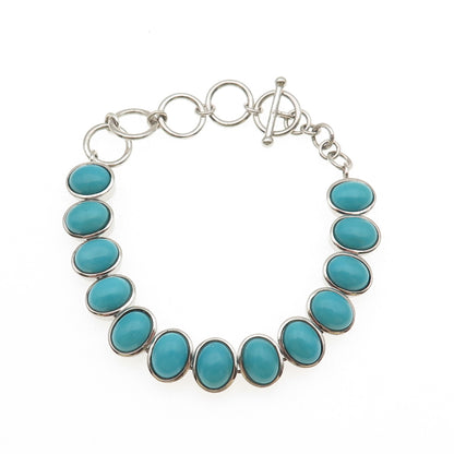 925 Sterling Silver Real Cabochon Tyrone Turquoise Link Bracelet 6-7"