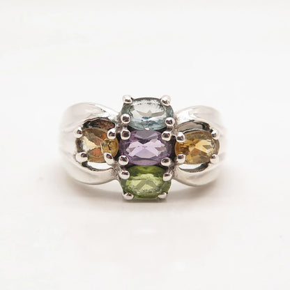 925 Sterling Silver Vintage Amethyst Citrine Peridot Topaz Gem Ring Size 7.25
