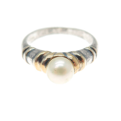 CNA PRANDA 925 Sterling Silver 2-Tone Vintage Real Pearl Oxidized Ring Size 6