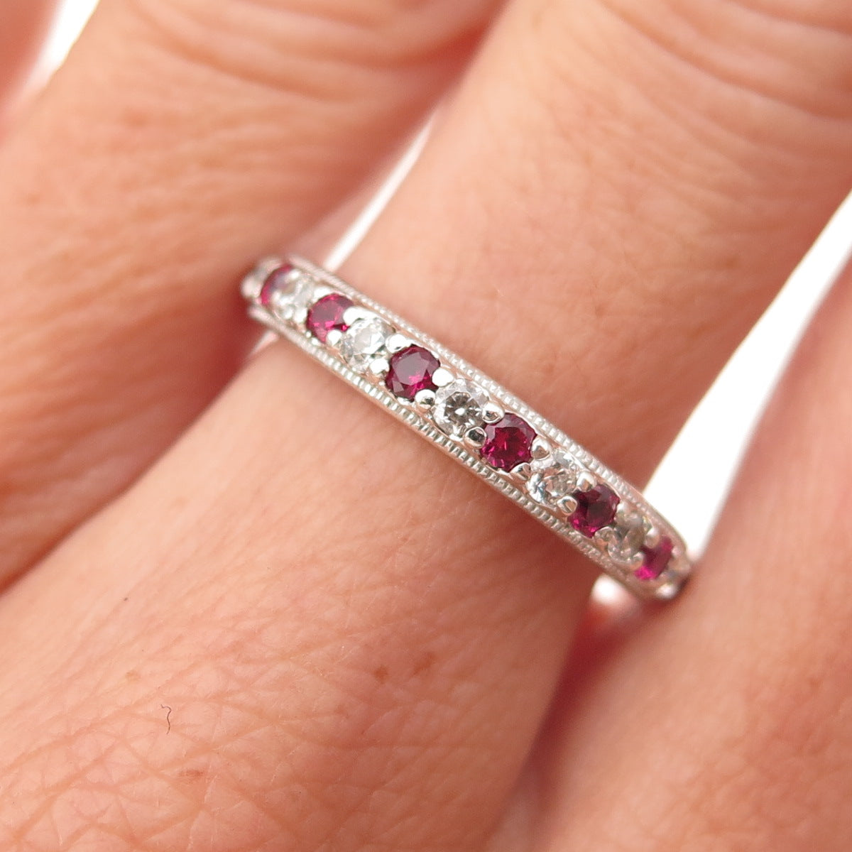 Tacori 925 Sterling Silver Lab-Created Ruby & C Z Eternity Band Ring Size 7.25