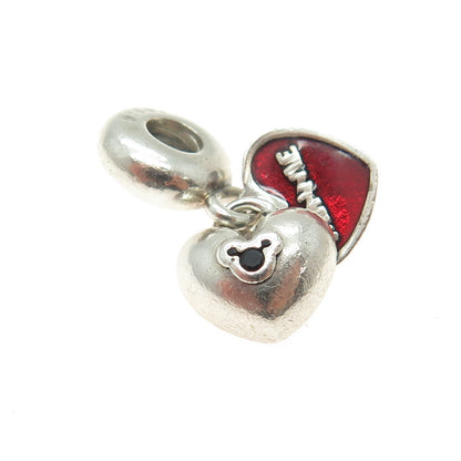 PANDORA 925 Sterling Silver Enamel & Black C Z Mickey & Minnie Mouse Heart Charm