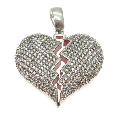 925 Sterling Silver Round-Cut White C Z & Red Enamel Broken Heart Pendant