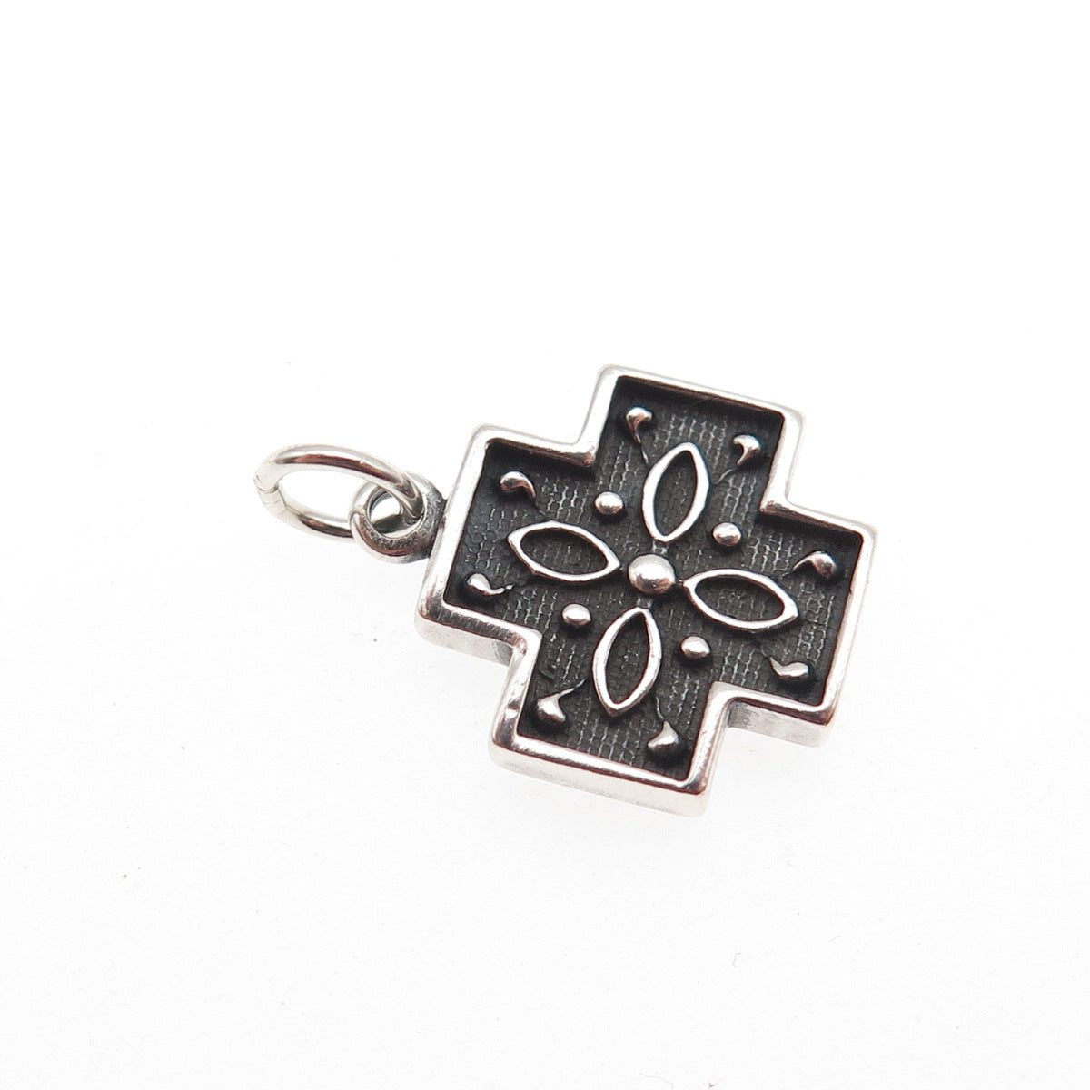 925 Sterling Silver Vintage Floral Cross Oxidized Mini Charm Pendant