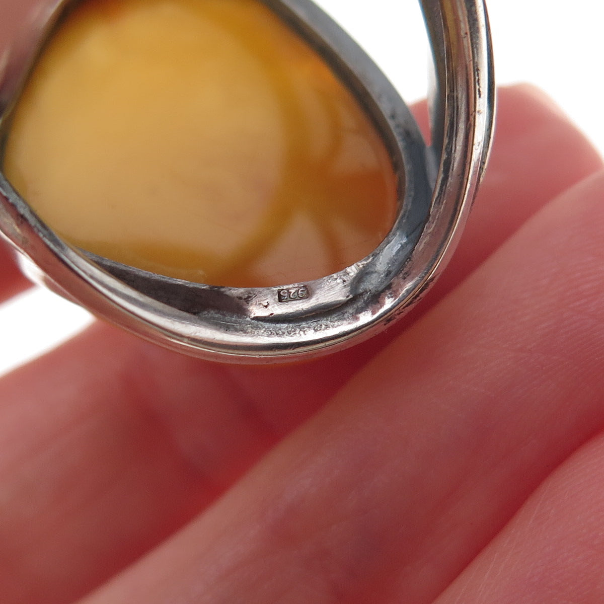 925 Sterling Vintage Real Butterscotch Amber Modernist Adjustable Ring Size 6