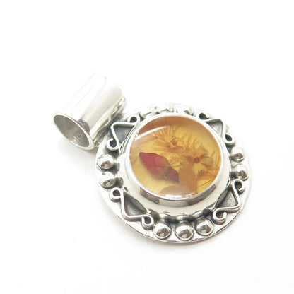 925 Sterling Silver Vintage Mexico Enamel Pressed Flower Round Pendant