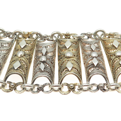 925 Sterling Silver 2-Tone Vintage Filigree Panel Solid 61.7g Wide Bracelet 7.5"
