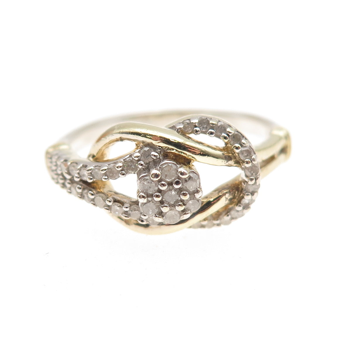 925 Sterling Silver 2-Tone Real Round-Cut Diamond Love Knot Ring Size 7.25