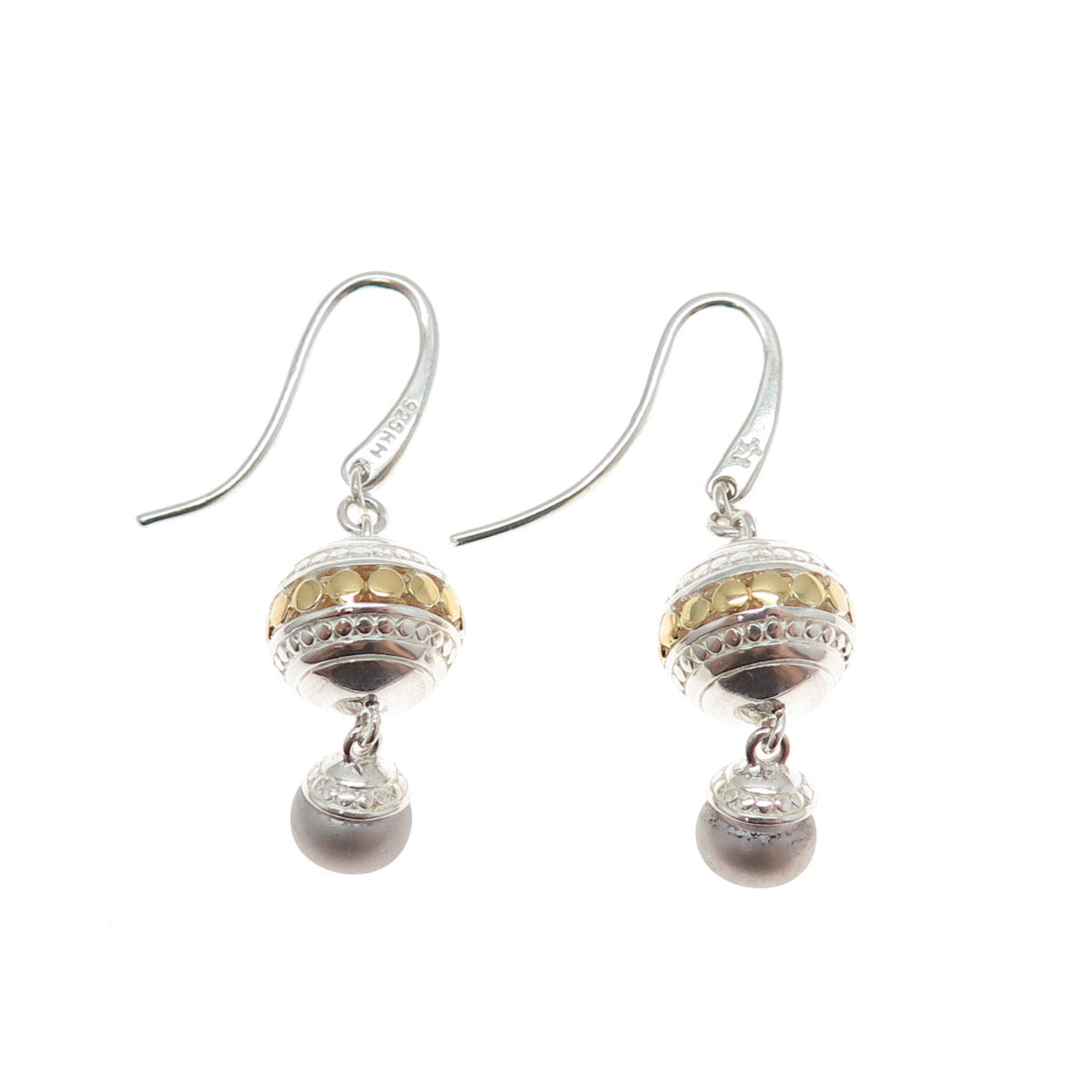 KIT HEATH Sterling Silver 2-Tone Vintage Faux Pearl Modernist Dangle Earrings