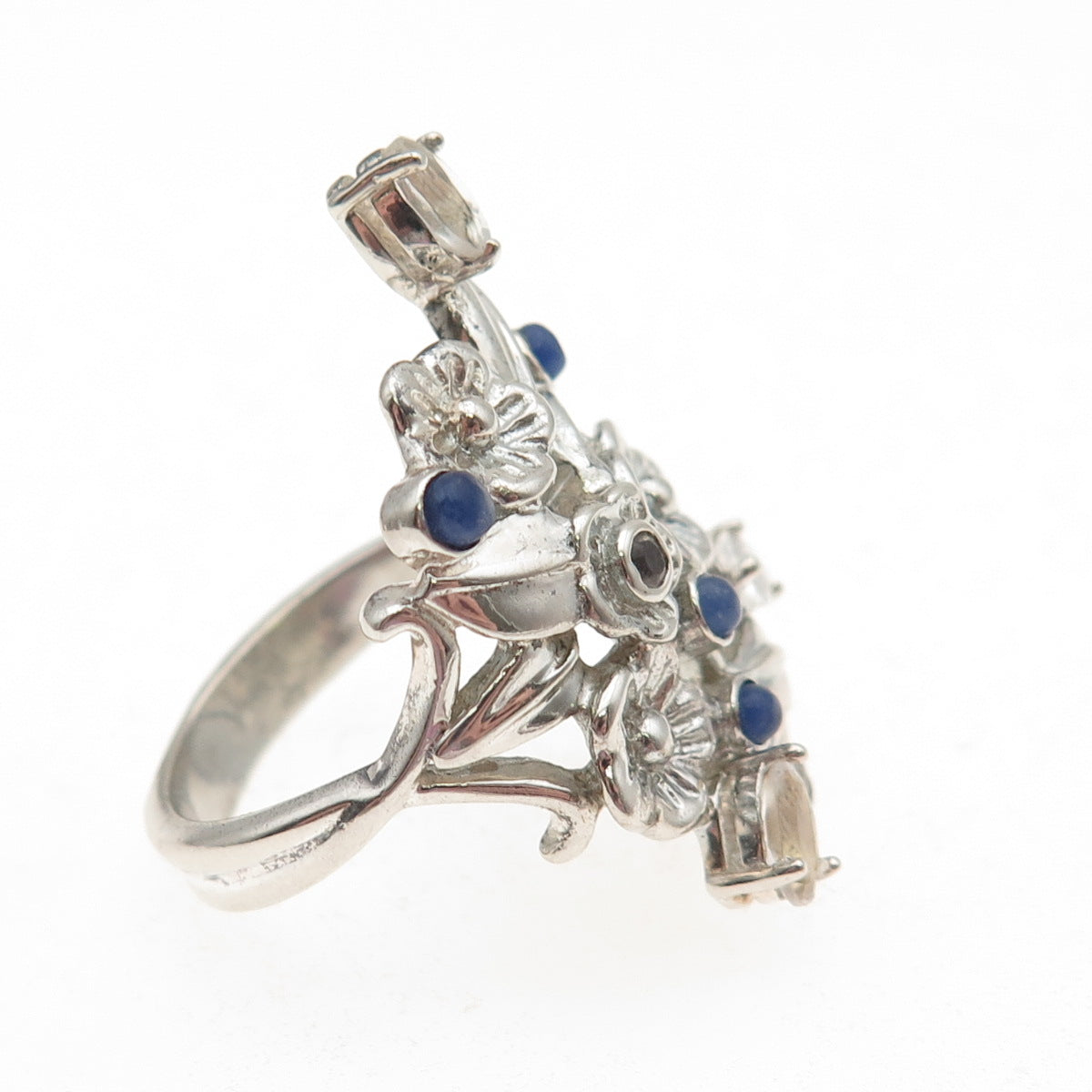 925 Sterling Silver Real Tanzanite & White Topaz Floral Ring Size 7.25