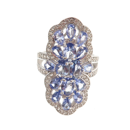 925 Sterling Silver Real Tanzanite & White Topaz Cluster Ring Size 8.25