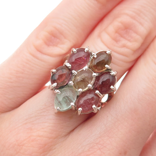 925 Sterling Silver Vintage Real Cabochon Multi-Color Tourmaline Ring Size 5.75