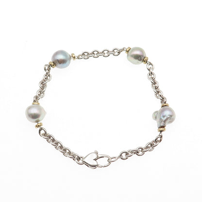 925 Sterling Silver 14K Gold Vintage Real Pearl By The Yard Bracelet 7.75"
