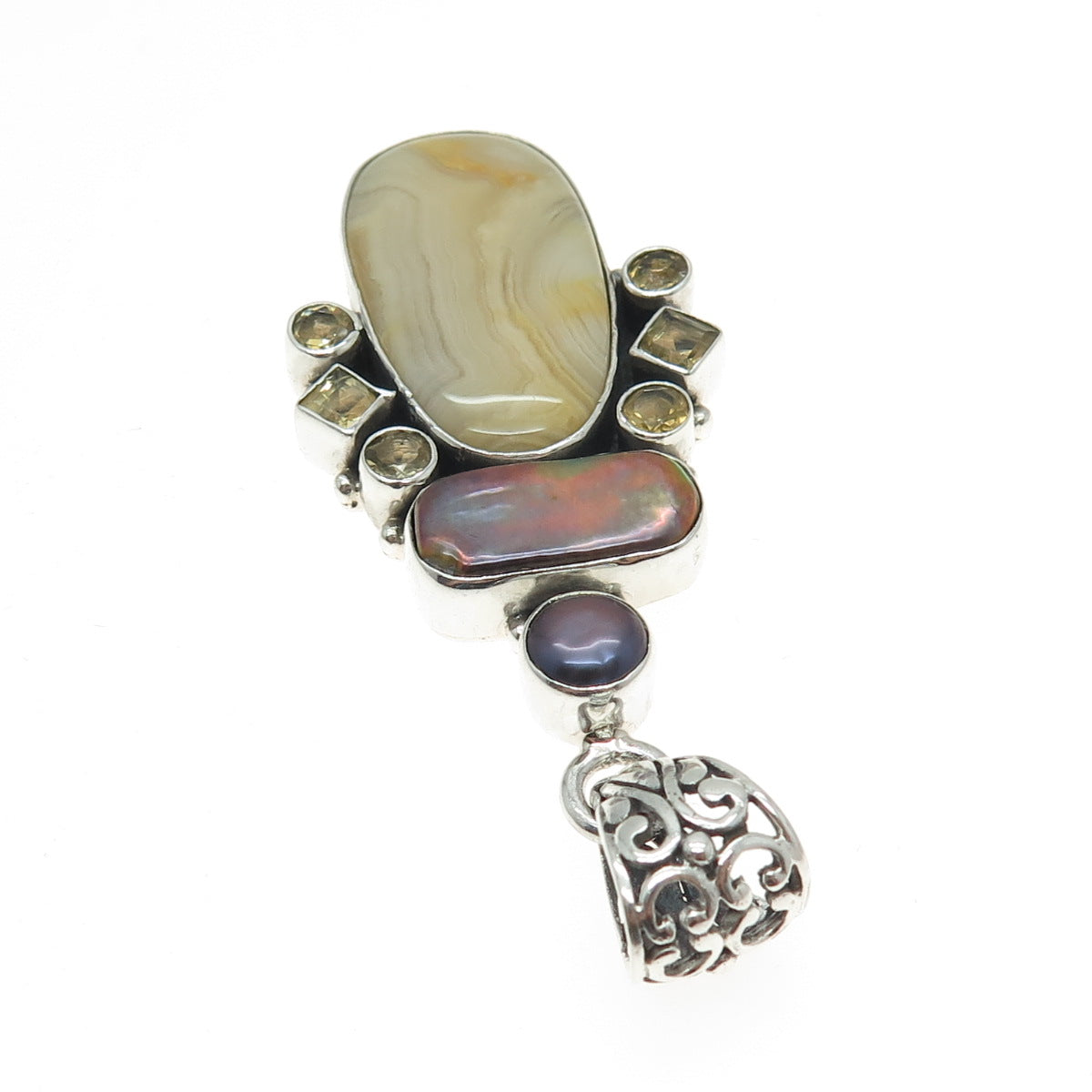 925 Sterling Silver Vintage Tahitian Pearl Picture Agate & Citrine Gem Pendant